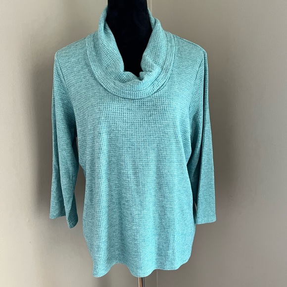 J.Jill Wearever Waffle Teal Cowl Neck Top sz L - Picture 2 of 9